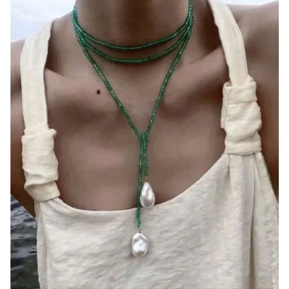 Anthropologie Green Beaded Lariat Necklace with Pearl Drops